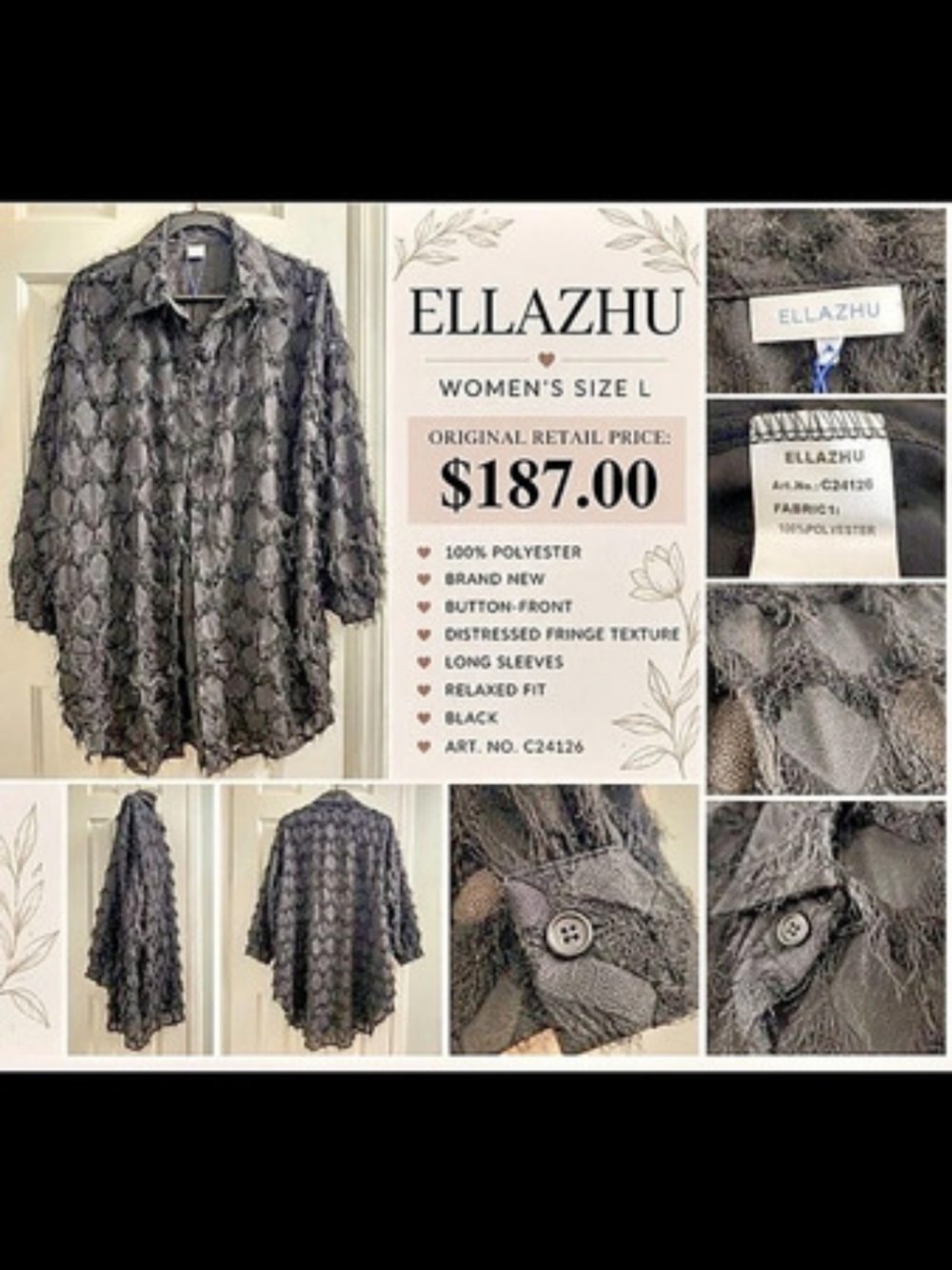 ELLAZHU Black Fringe Textured Button Front Shirt L NWOT Avant Garde